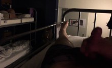 Aussie jerk-off in hostel with man in mattress that is next