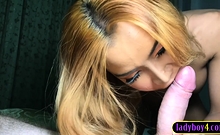 Blonde Asian shemale teen sucking a big dick and anal sex