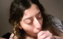 Curly haired chick sucking huge cock before deep pussy fuck
